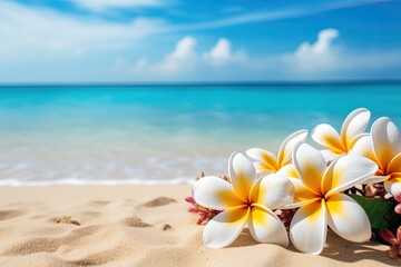 white frangipani flowers on the beach in sand copy space
