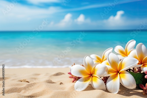 Fototapeta Naklejka Na Ścianę i Meble -  white frangipani flowers on the beach in sand copy space