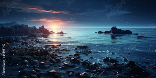 Fantasy seascape  Night view of the ocean  glowing sea  Beautifully starry night sky  dreamy atmosphere