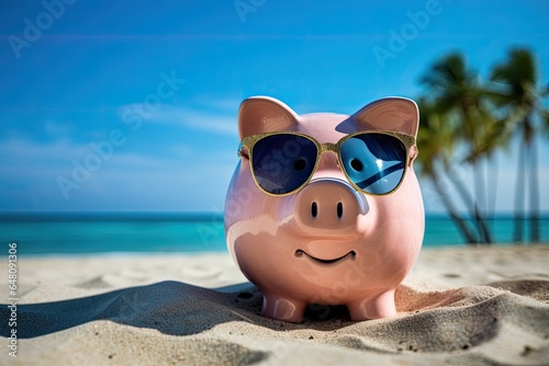smiling piggy bank with sunglasses relax on the beach