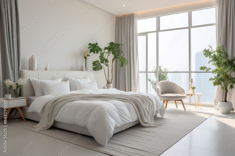 Fototapeta premium The interior of the white bedroom is decorated in a modern home style with contemporary furniture