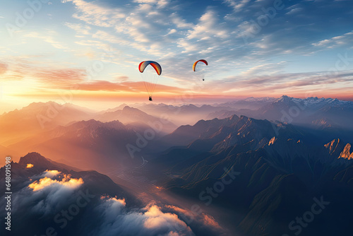 paragliding adventure flying with friends on mountain background at sunset © krissikunterbunt