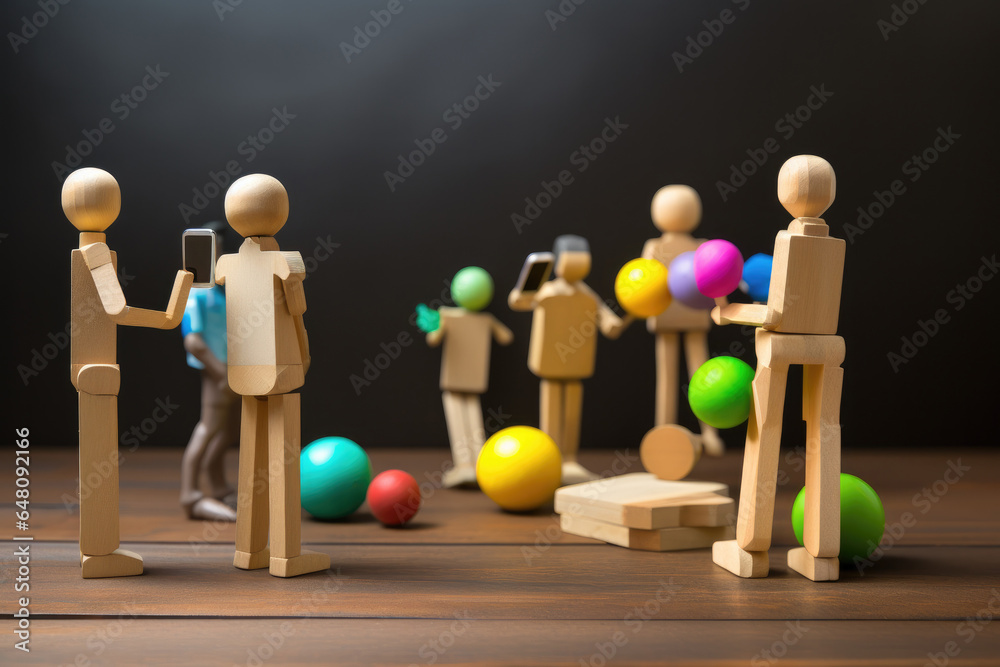 Obraz premium Social gathering communication on wooden figurine. Generative AI
