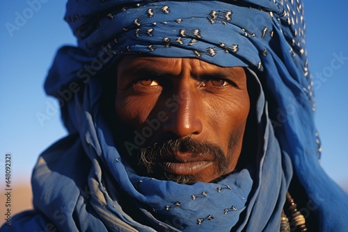 a middle-aged Tuareg trader from the Saharan deserts. His turban, indigo blue, leaves only his eyes exposed photo