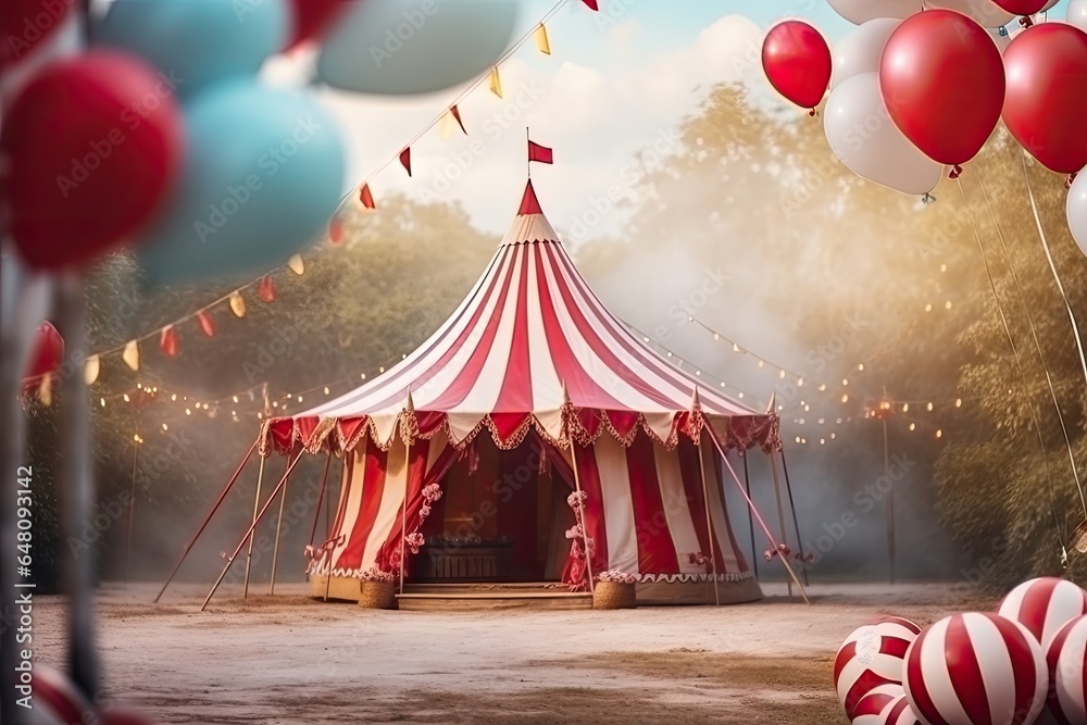 Circus tent with floating balloons in the day background - obrazy, fototapety, plakaty 