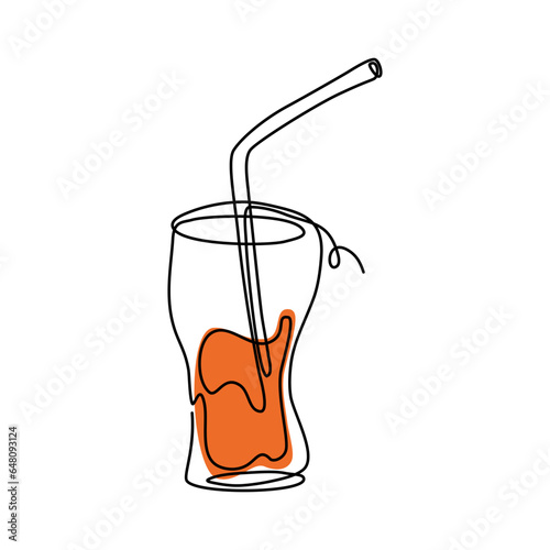 Continuous line drawing of drink in glass with cocktail straw.  Glass of red drink in simple linear style. Vector illustration.