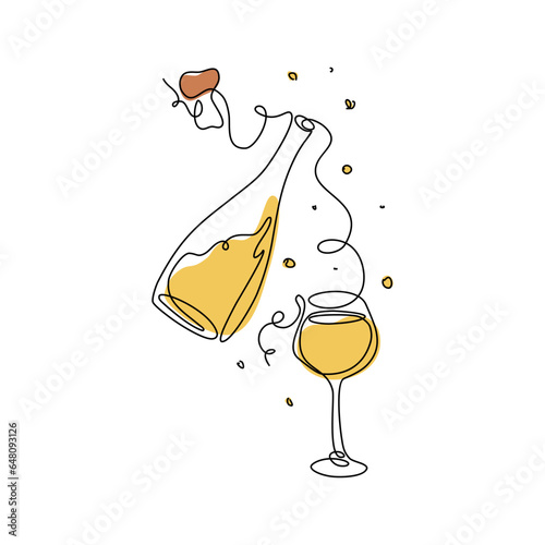 Continuous line drawing glass of sparkling wine, bottle and cork. National Prosecco Day. Line art style illustration of alcoholic drink for menu, card, logo.