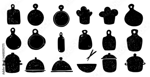 Cooked hand drawn doodle sketch egg yolk friend on frying pans set collection for recipes, flyer.
