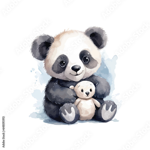 Whimsical Panda Cuddles Teddy Bear Watercolor Illustration..
