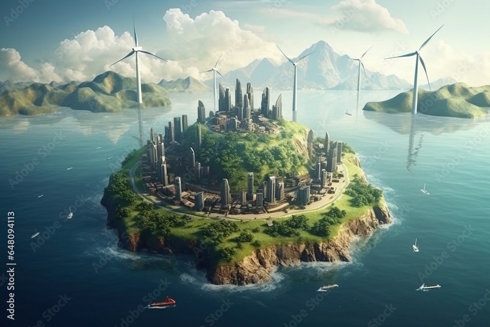 Environment of planet earth. Green healthy planet with many windmills and other renewable energy sources, Ecology concept, World environment and earth day concept - obrazy, fototapety, plakaty 