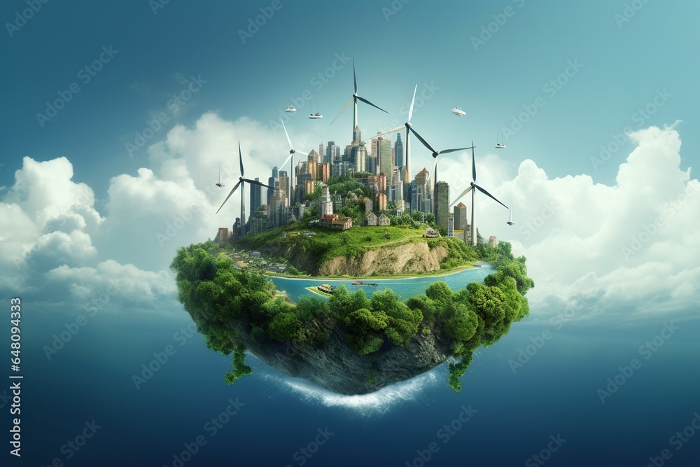 Environment of planet earth. Green healthy planet with many windmills and other renewable energy sources, Ecology concept, World environment and earth day concept - obrazy, fototapety, plakaty 