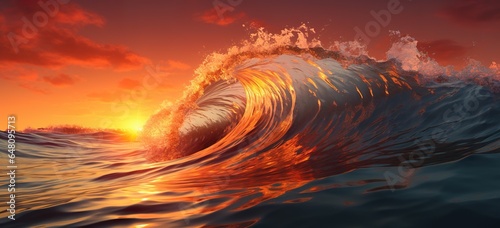 big wave of water during storm in open sea or ocean at sunset, nature background, generative AI
