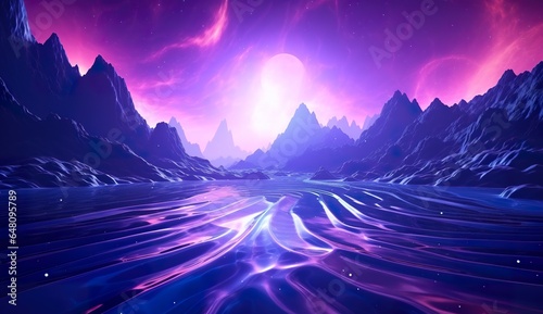 futuristic alien world with stars and mountains, scenic scifi landscape, in style of purple and blue, generative AI