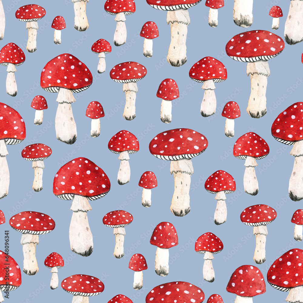 Pattern with fly agaric or amanita muscaria mushrooms. Hand drawn watercolor cartoon style images. 