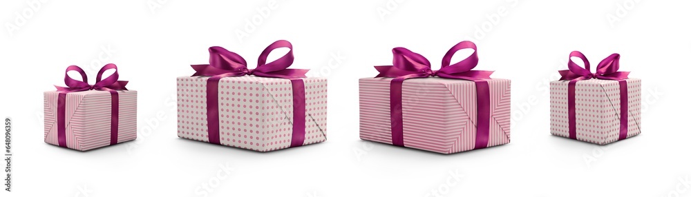 Side view of Christmas, birthday or valentine presents decorated in magenta spots and stripes with a purple ribbon bow isolated against a transparent background.