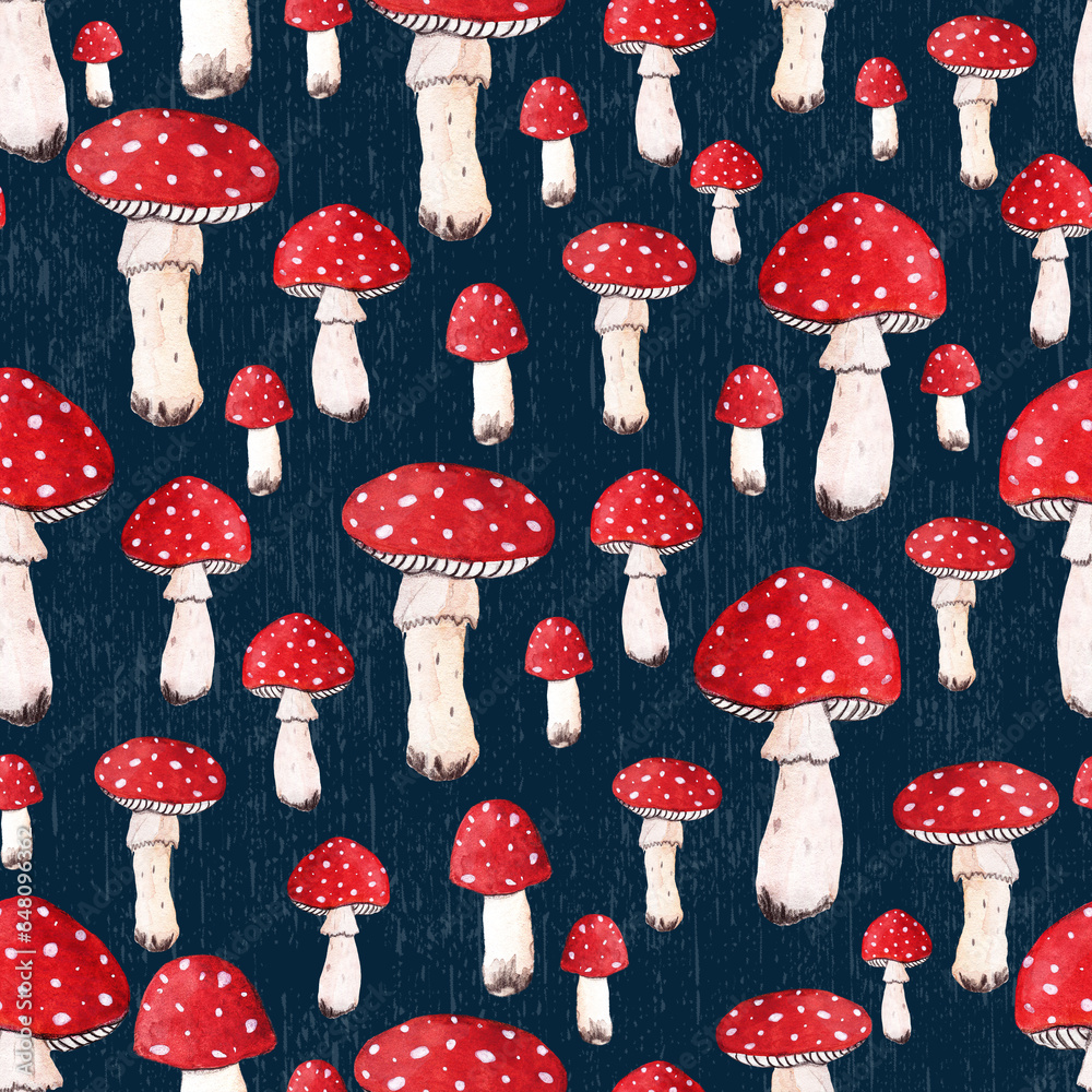 Pattern with fly agaric or amanita muscaria mushrooms. Hand drawn watercolor cartoon style images. Pattern with fly agaric or amanita muscaria mushrooms. Hand drawn watercolor cartoon style images.