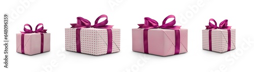 Obraz na płótnie Side view of Christmas, birthday or valentine presents decorated in magenta spots and stripes with a purple ribbon bow isolated against a transparent background. w salonie