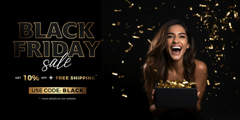 Black Friday banner with attractive woman surrounded by gold confetti. Promotion, Advertisement, sale. 3d illustration. 10% OFF	