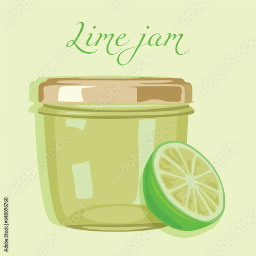 A jar of lime preserves and a lime wedge. Autumn canning of healthy sweets.