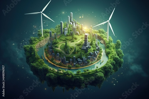 Environment of planet earth. Green healthy planet with many windmills and other renewable energy sources, Ecology concept, World environment and earth day concept