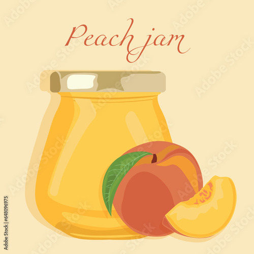 Peach jam in a jar. Flat illustration of autumn conservation. Healthy sweets.