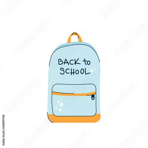Doodle backpack with lettering. Back to school. Vector illustration, flat design