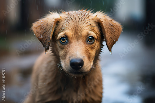 Wet puppy on the streets closeup