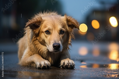 Wet dog on the streets waiting for food © StellarPix Studios