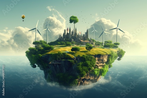 Environment of planet earth. Green healthy planet with many windmills and other renewable energy sources, Ecology concept, World environment and earth day concept