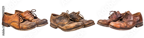 A pair of old leather shoes, different versions, isolated