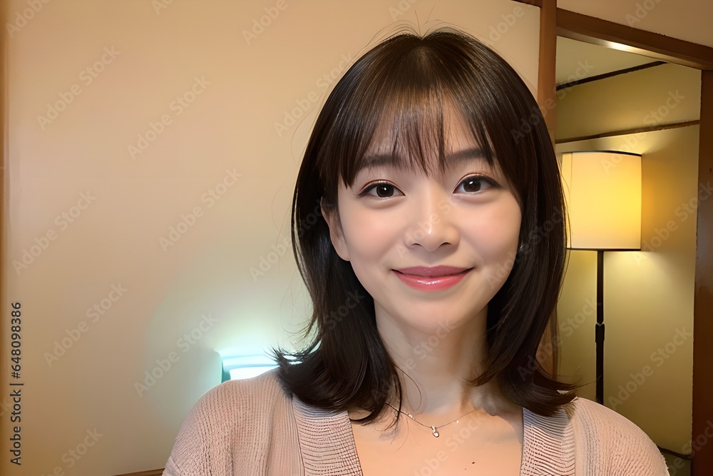 ホテルの客室で微笑んでいる女性 ホテルの客室で微笑んでいる女性