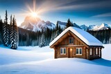 beautiful wooden house in the snow generated by AI