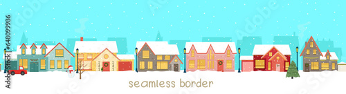 Christmas and Happy New Year seamless border. Snowy night in cozy christmas town city panorama . Winter christmas village
