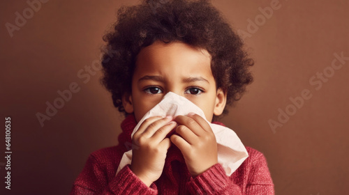 A sweet child using tissue for a runny nose in a studio portrait.