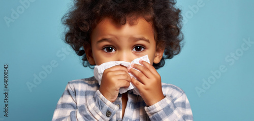 Cute kid blowing nose on white tissue.