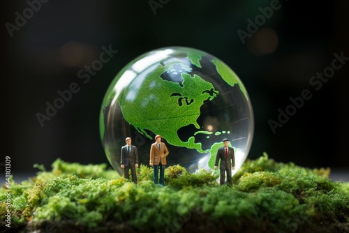 Earth crystal ball reveals miniature people against a grassy backdrop