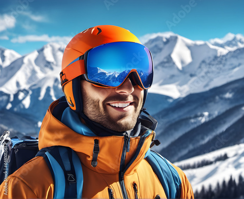 portrait of a skier at a ski resort against a background of mountains and blue sky. Male winter sports athlete in helmet and goggles. generative AI