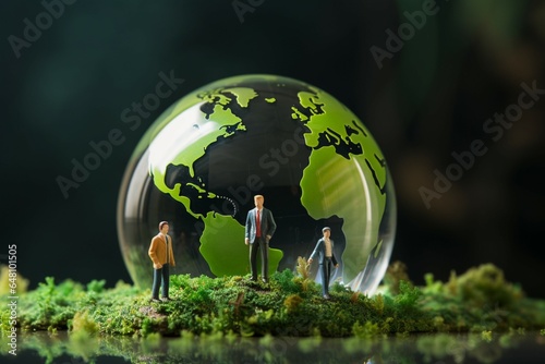 Miniature people on grassy terrain beneath an Earth crystal ball backdrop