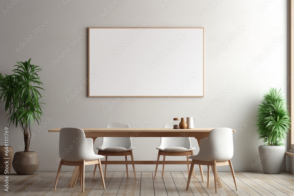 Modern Aesthetic Dining Room Interior Design with Blank Poster Created with Generative AI Modern Aesthetic Dining Room Interior Design with Blank Poster Created with Generative AI