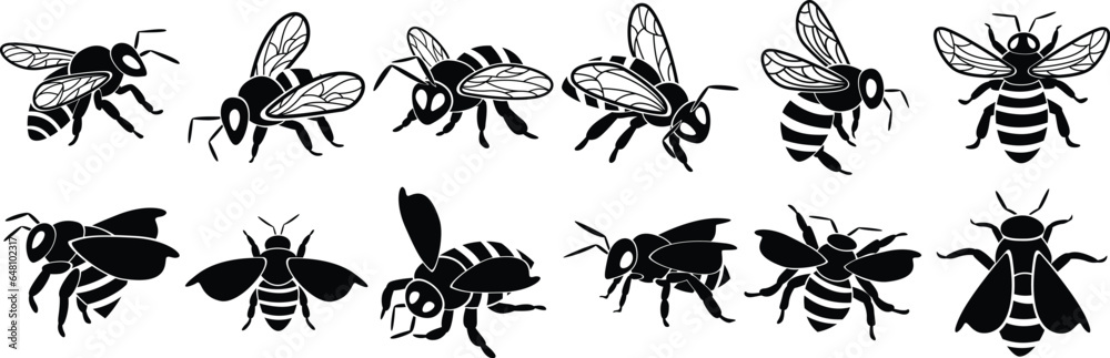Set of bee silhouettes, isolated on white background Set of bee silhouettes, isolated on white background