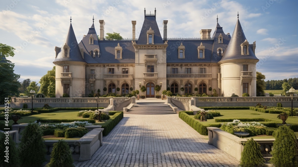 a luxurious French ch??teau surrounded by vineyards, with turrets, wrought iron gates, and a sense of timeless European elegance