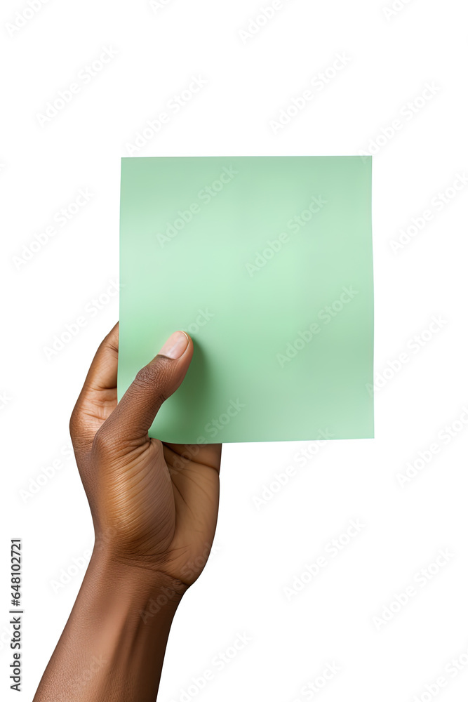 Fototapeta premium A human hand holding a blank sheet of green paper or card isolated on a white background