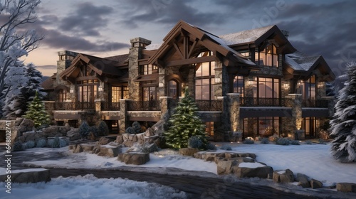 a luxurious mountain chalet nestled in the snow-covered alpine landscape, featuring timber beams, stone accents, and a cozy fireplace