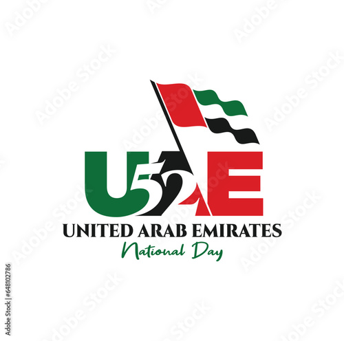 52 National Day of United Arab Emirates. Text Arabic Translation: Our National Day. December 2. UAE map symbol. Vector Logo. Eps 08. 