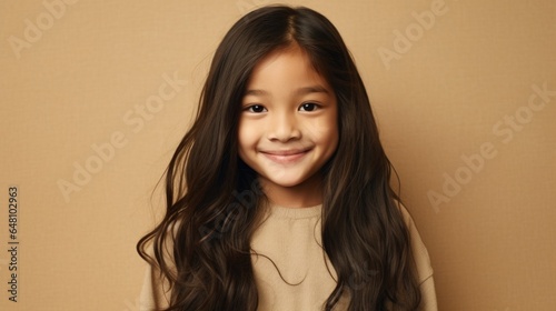 A beaming brunette child, wearing neutrals, posing in a studio. Generative AI