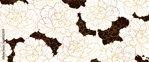 Luxury golden floral vector background with peonies. Floral wallpaper design with peony flower, Japanese, Chinese oriental art with gold texture, for print, decor.
