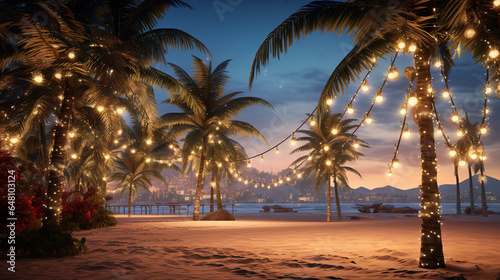 a nice warm evening at the sea, palm trees decorated in garlands for the holiday