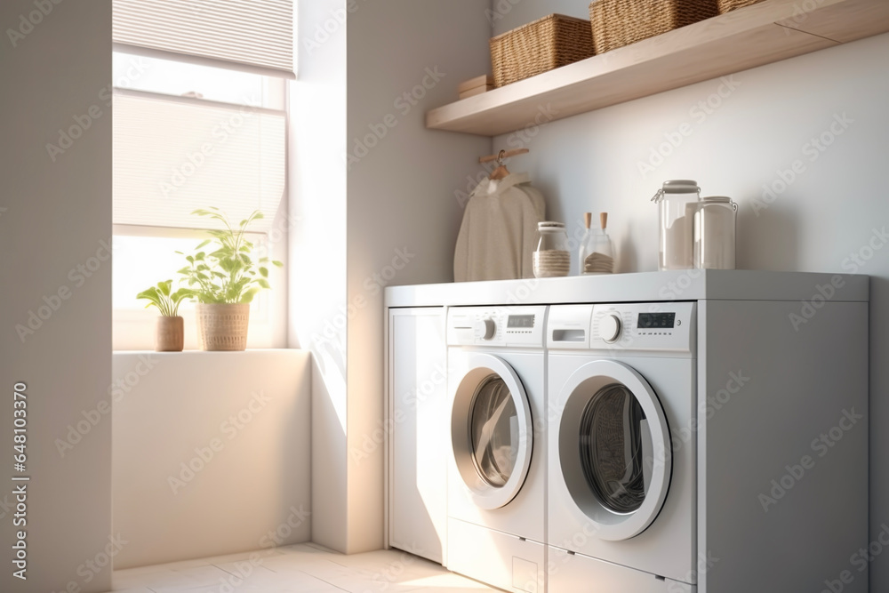 Natural lighting of minimalist modern washing machine in background of white laundry room and beautiful lights. Concept of minimalist and modern interior design. - obrazy, fototapety, plakaty 