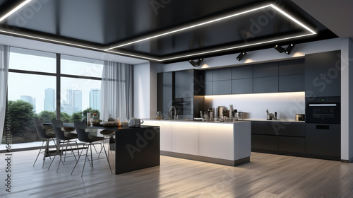 minimalist interior design, living room and modern kitchen