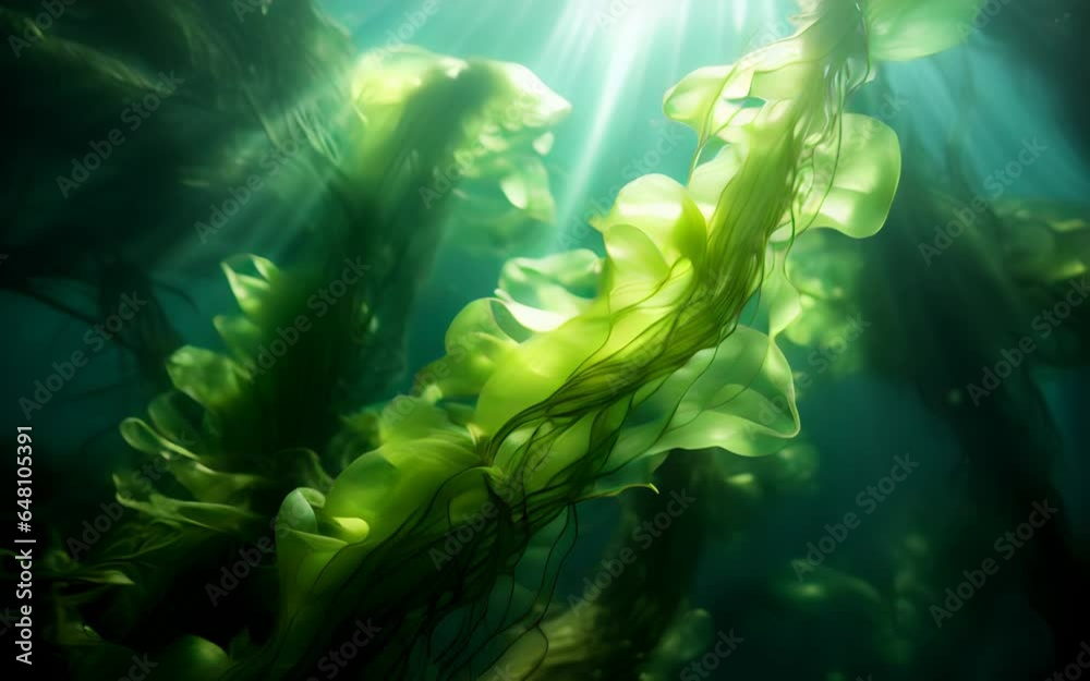 Green flowing algae float on the water through the rays of the sun. The underwater sea world and the marine ecosystem. Generative AI